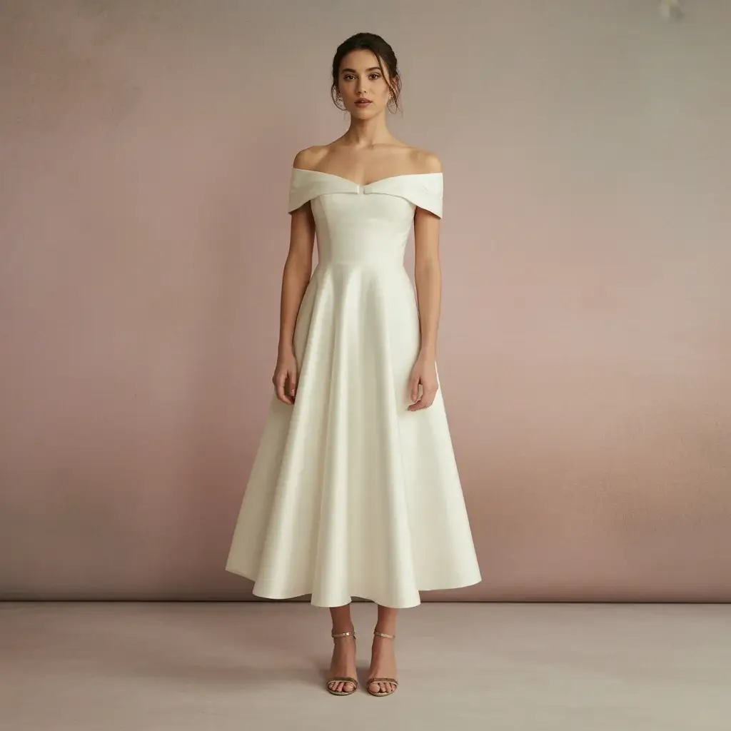 Top 13 Elopement Dresses Perfect For Your Intimate Wedding 2 Simple Off-Shoulder Midi Dress