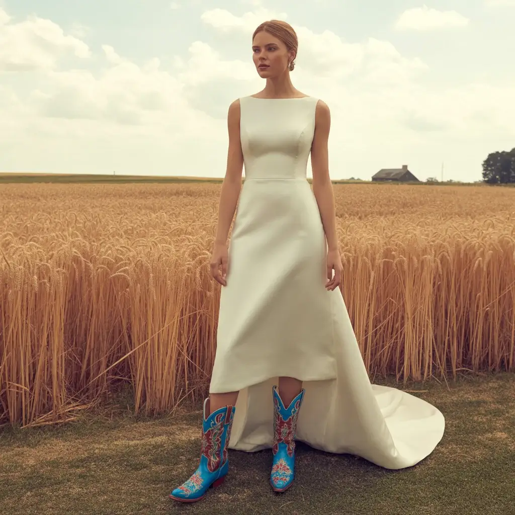 Simple sheath wedding dress in clean lines with vibrant folk-embroidered cowboy boots