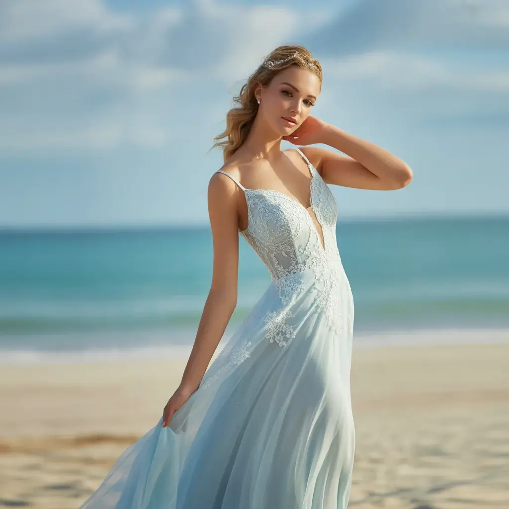 Sky Blue Lace Beach Wedding Dress