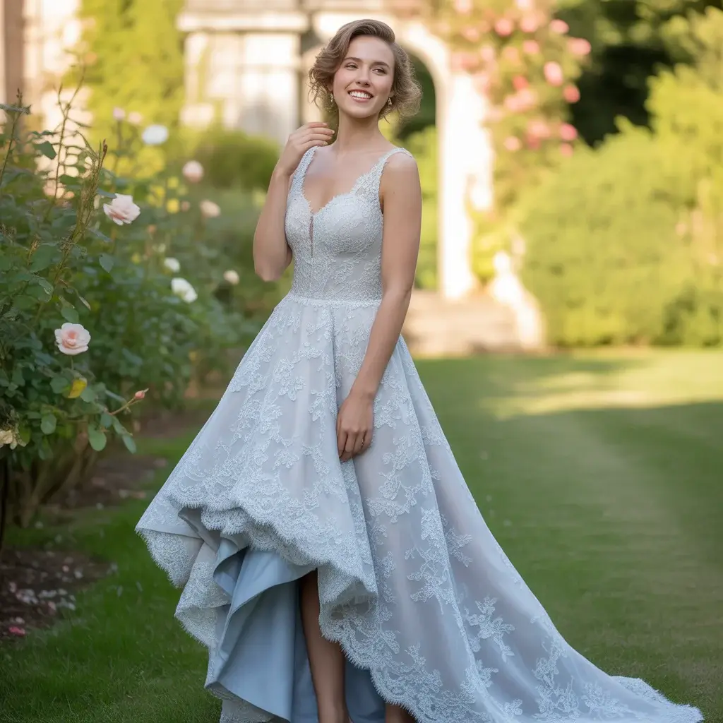 Slate Blue Lace High-Low Hemline