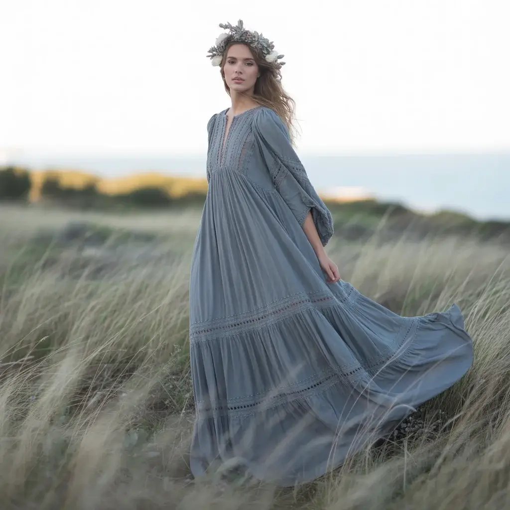 Top 15 Grey Bridal Dresses That Are Breaking Traditional Wedding Rules 5 Slate grey bohemian maxi dress with flowing romantic details