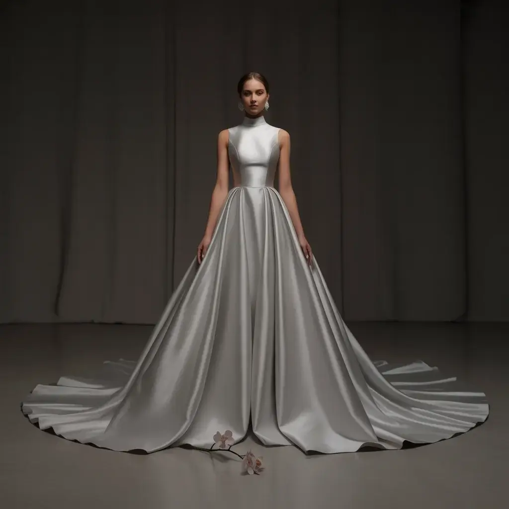 Sleek satin high neck silver gown with architectural lines and bias-cut draping