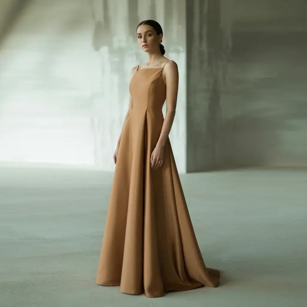 13 Brown Wedding Gowns Trending Right Now 7 Sleek toffee brown crepe column wedding gown with clean modern lines