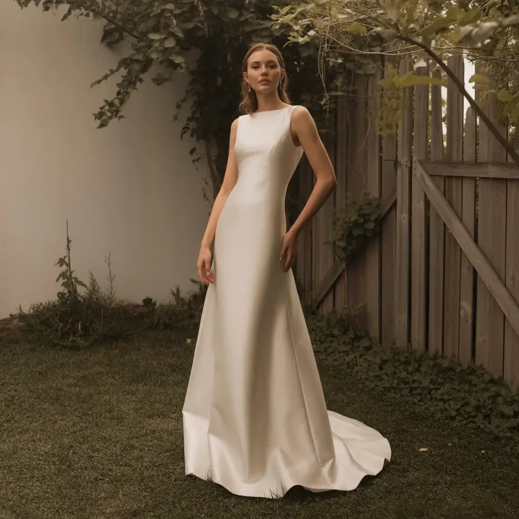 Top 15 Backyard Wedding Dresses That Are Pinterest Favourites Right Now 10 Sleeveless column minimalist backyard wedding chic dress.