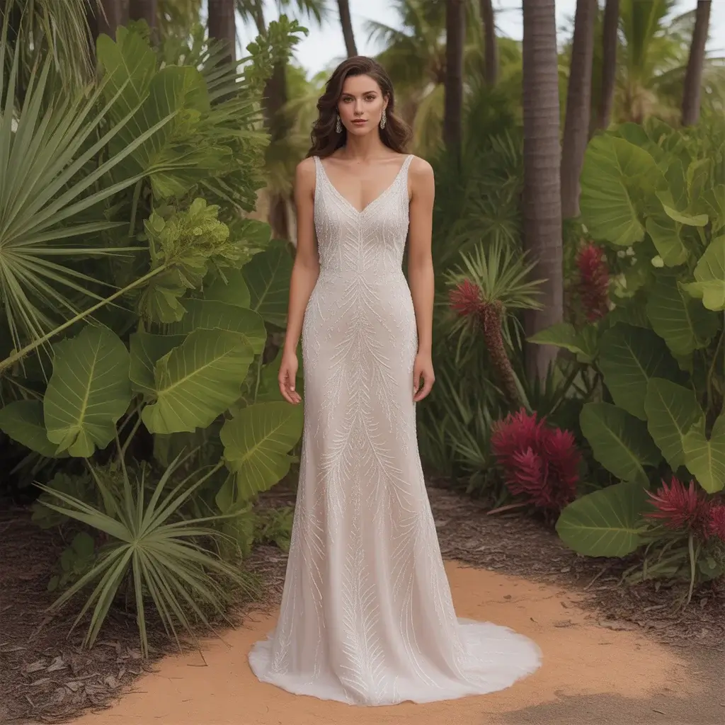 15 Hawaiian Wedding Dresses for a Tropical Paradise 11 Sleeveless sheath wedding dress with tropical beaded motifs