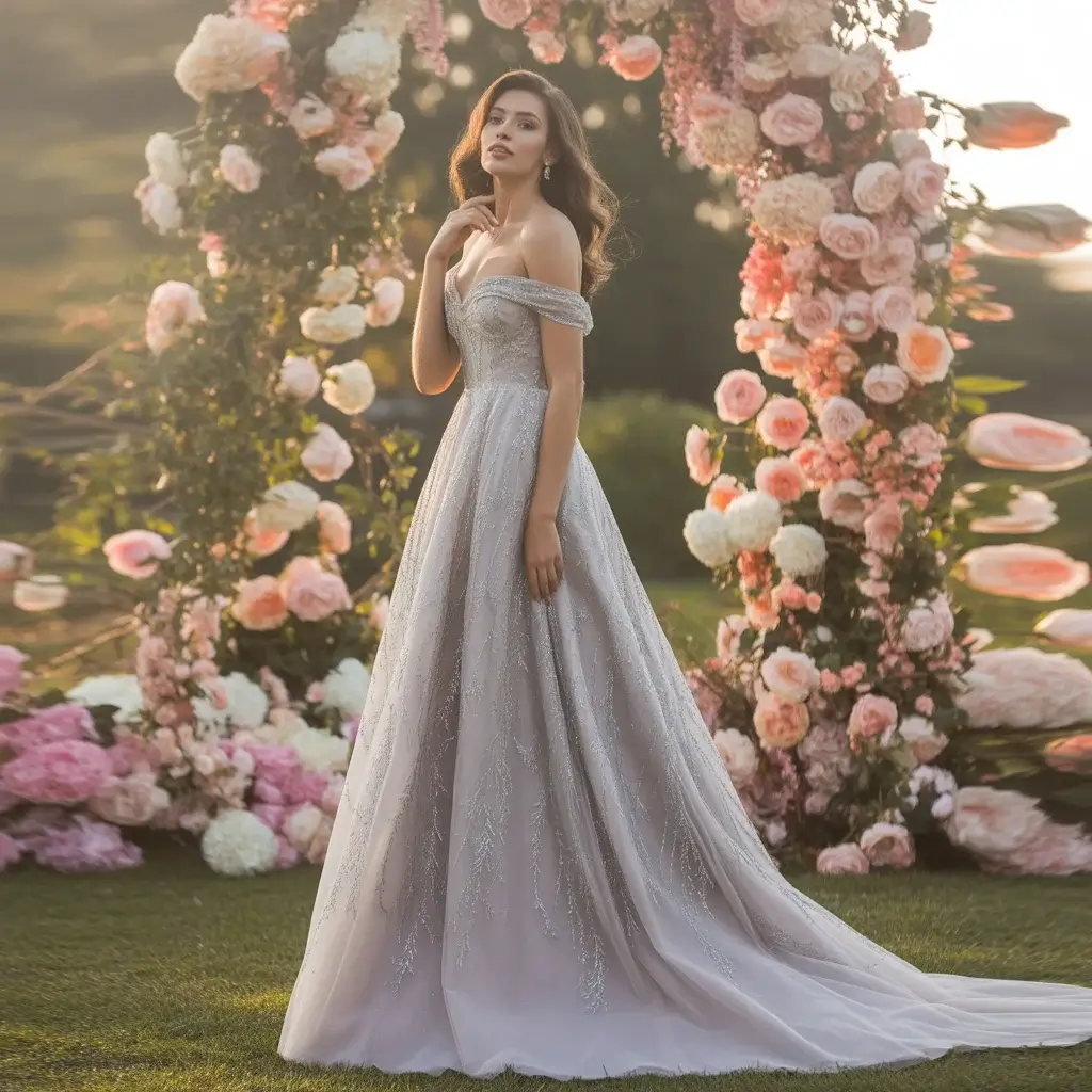 Smoky Silver Off-Shoulder Gown