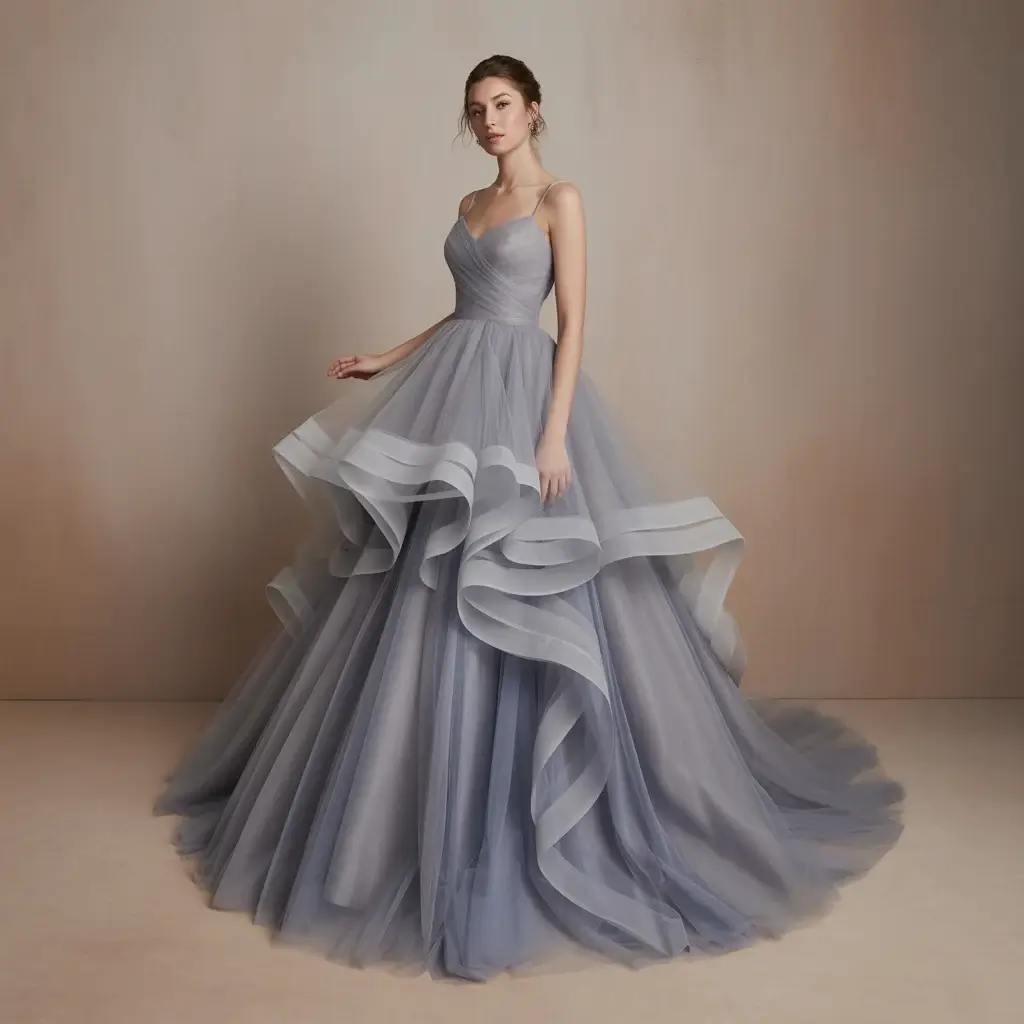 Top 15 Grey Bridal Dresses That Are Breaking Traditional Wedding Rules 1 Smoky grey tulle ball gown with layers of ethereal fabric