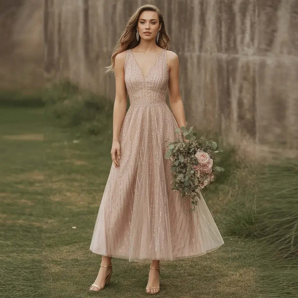 Top 15 Rose Gold Dresses That Are Trending on Pinterest 4 Sophisticated A-line midi dress in rose gold with delicate beaded embellishments