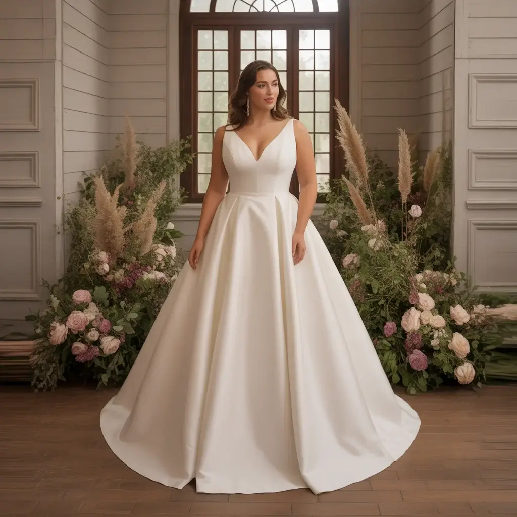 Sophisticated V-neck plus size wedding dress with elongating neckline and elegant proportions