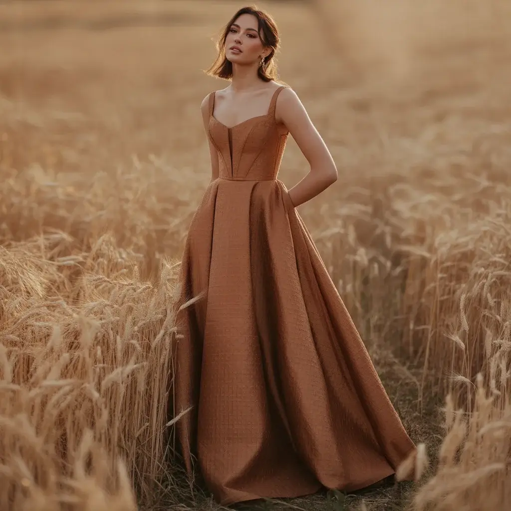 13 Brown Wedding Gowns Trending Right Now 13 Sophisticated amber brown jacquard fit-and-flare wedding dress with woven patterns