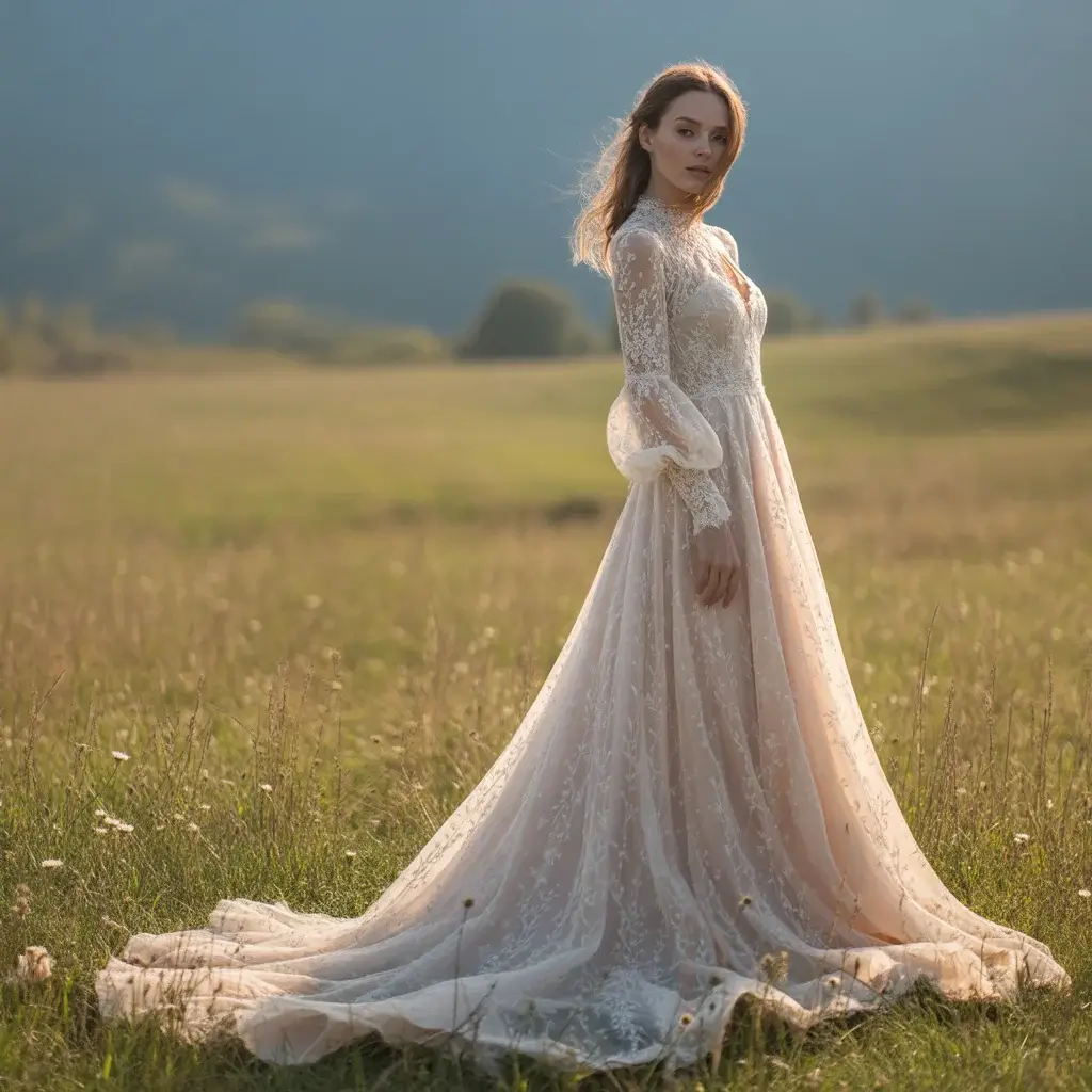 Sophisticated high neck long sleeve lace boho gown with modest elegance and intricate patterns