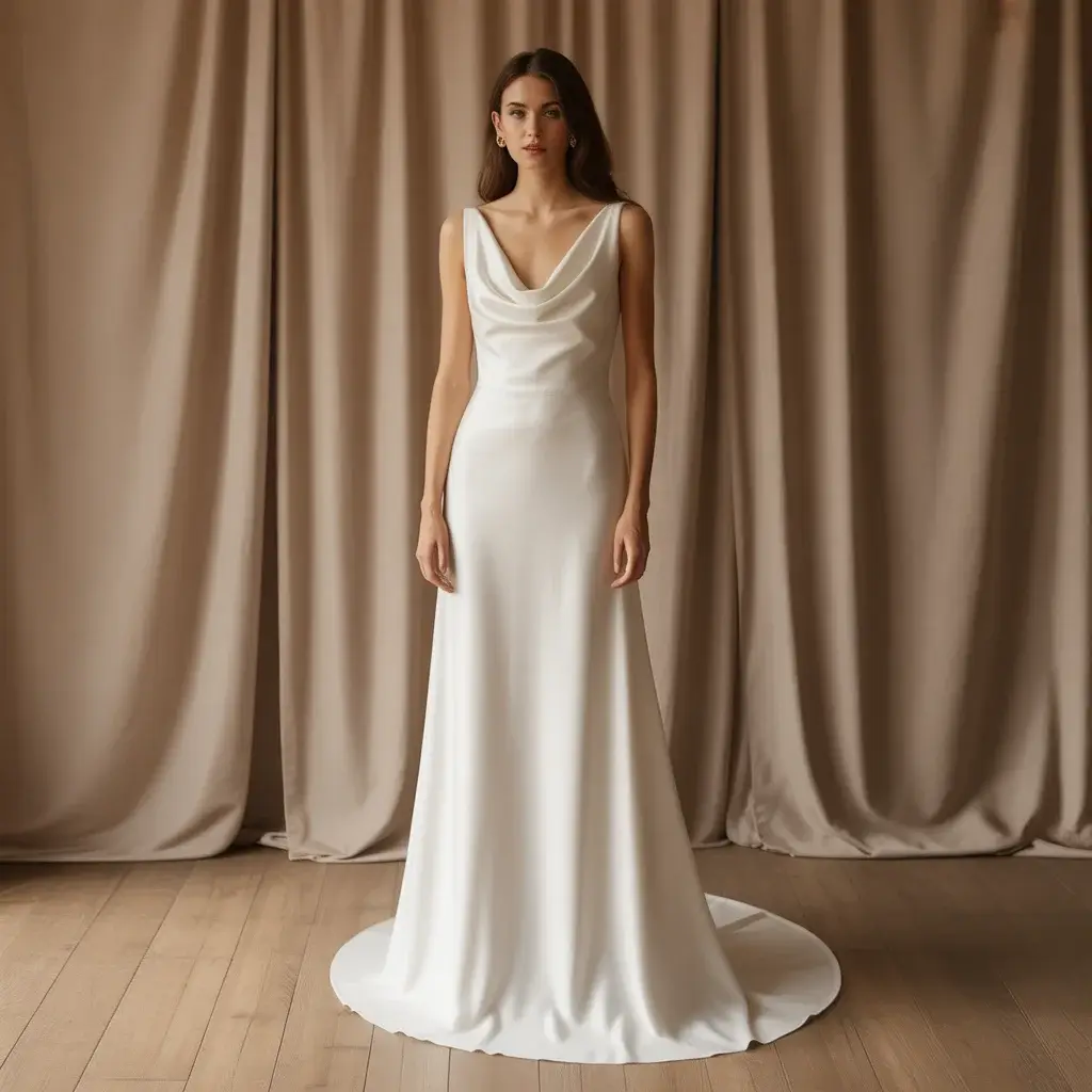 Top 13 Cowl Neck Wedding Gowns Trending on Pinterest 3 Sophisticated minimalist crepe column wedding dress with elegant cowl neckline and clean lines