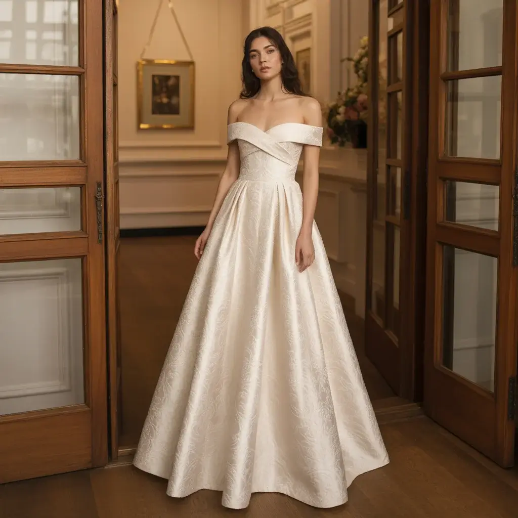 13 Jacquard Wedding Dresses Brides Are Saving 4 Sophisticated off-the-shoulder jacquard dress with damask-inspired details