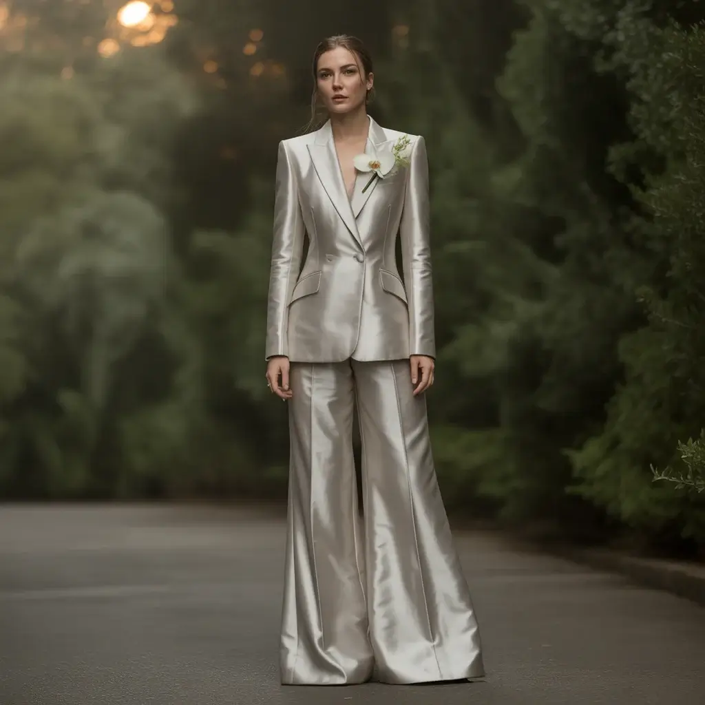Sophisticated pearl gray tuxedo wedding suit with delicate feminine details and refined tailoring