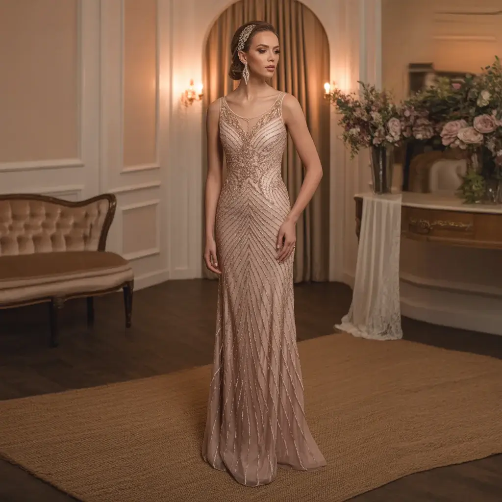 Top 15 Rose Gold Dresses That Are Trending on Pinterest 13 Sophisticated sheath dress in rose gold with intricate hand-sewn beadwork and elegant silhouette