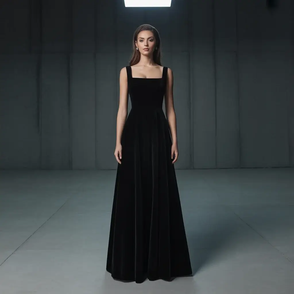 Square neck black velvet maxi dress with geometric structured elegance