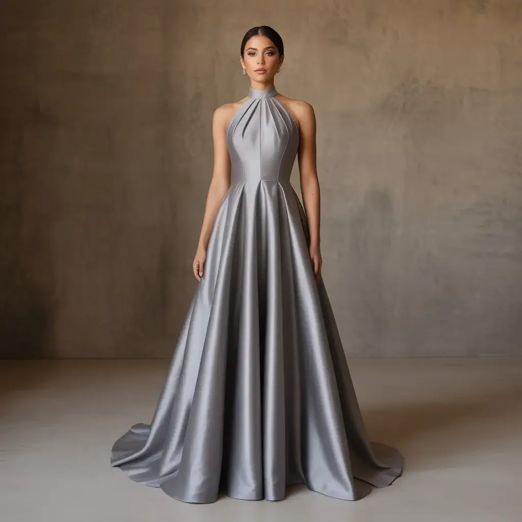 Top 15 Grey Bridal Dresses That Are Breaking Traditional Wedding Rules 7 Steel grey halter neck gown with dramatic sophisticated neckline