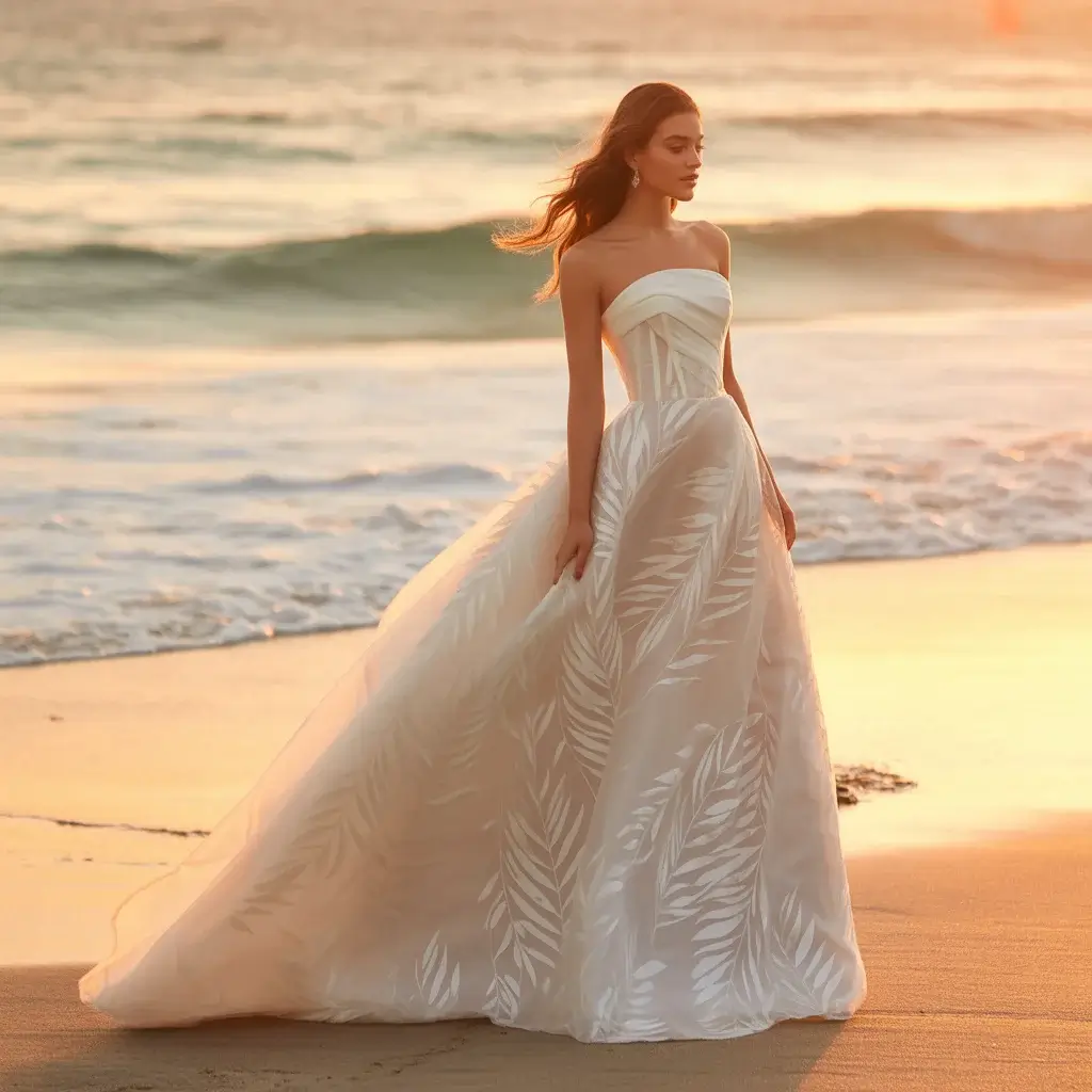 15 Hawaiian Wedding Dresses for a Tropical Paradise 5 Strapless organza wedding gown with ti leaf inspired draping