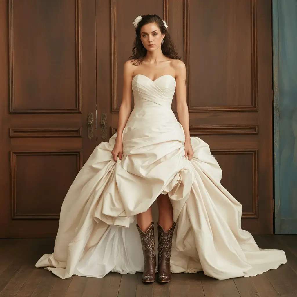 Strapless sweetheart wedding gown with ruched bodice and studded leather cowboy boots