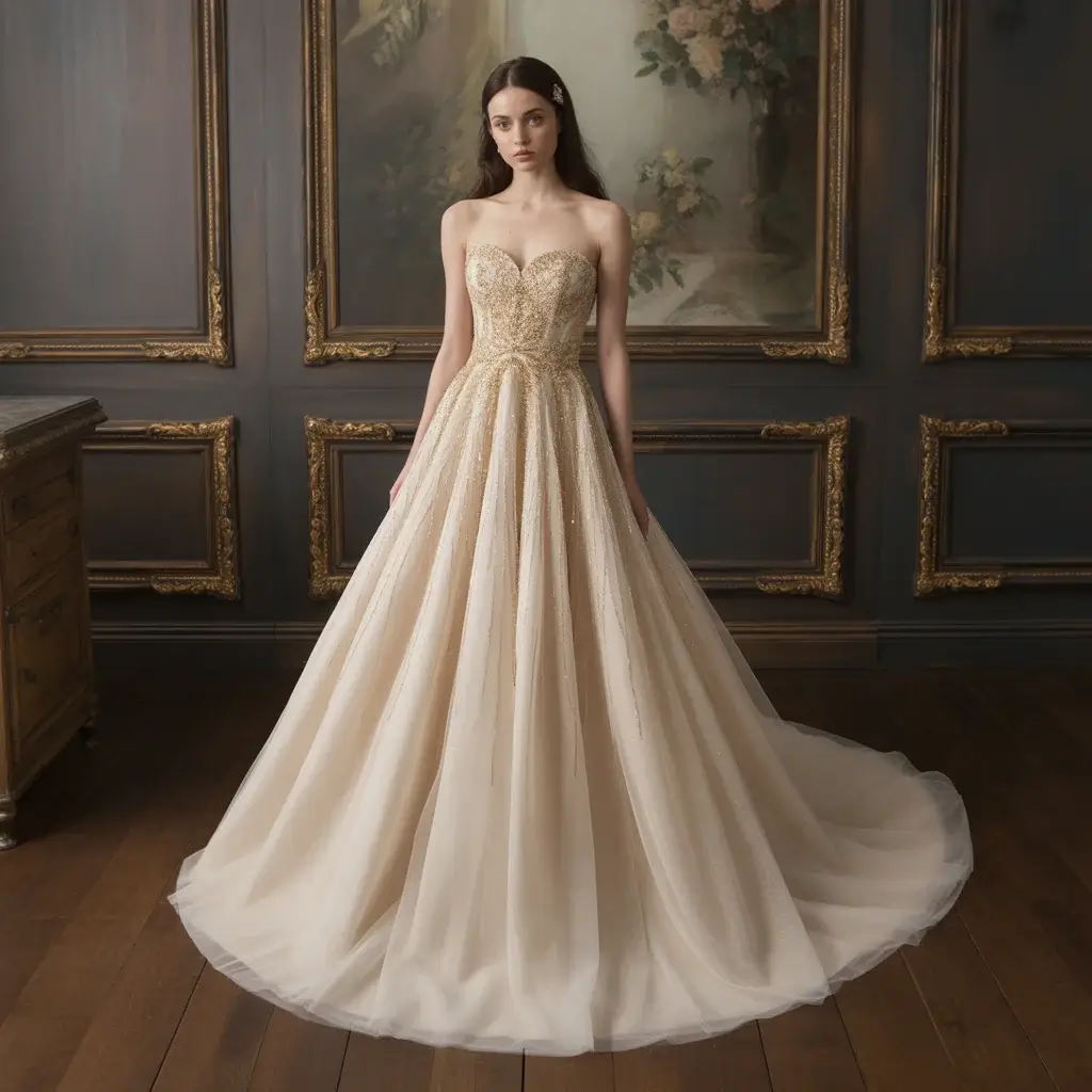 19 White and Gold Wedding Dresses That Are Stunning 17 Strapless wedding gown with gold beaded sweetheart neckline detail