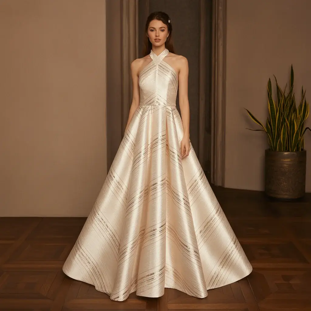 13 Jacquard Wedding Dresses Brides Are Saving 10 Striking backless halter jacquard dress with metallic thread accents
