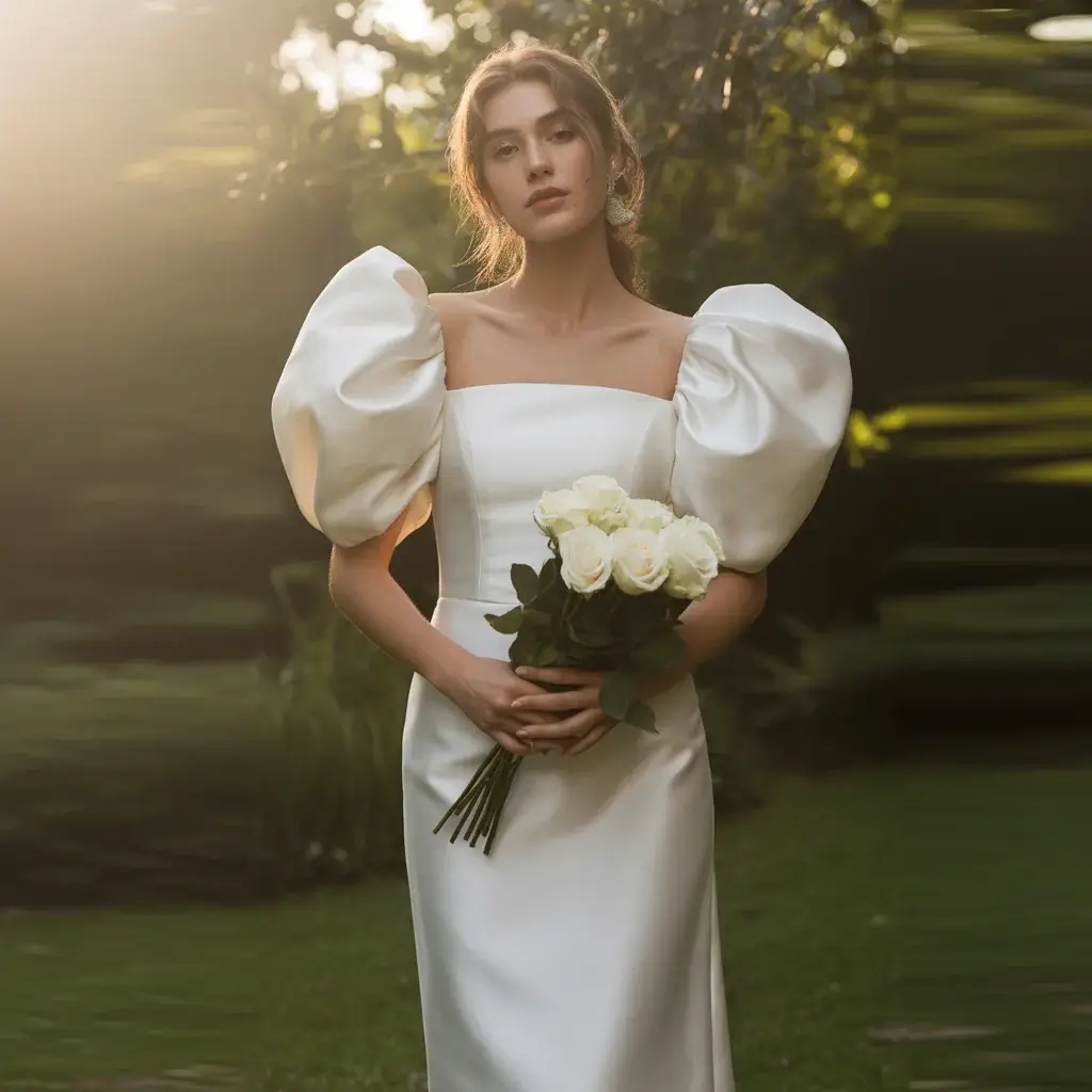 17 Wedding Dresses with Poofy Sleeves Brides Love 10 Structured Puff Sleeve Column Dress