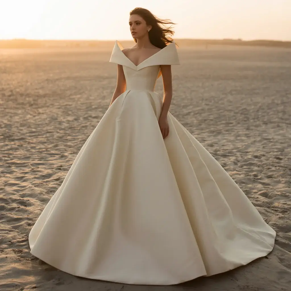 Structured Taffeta Cat Eye Ball Gown With Crisp Lines And Architectural Neckline