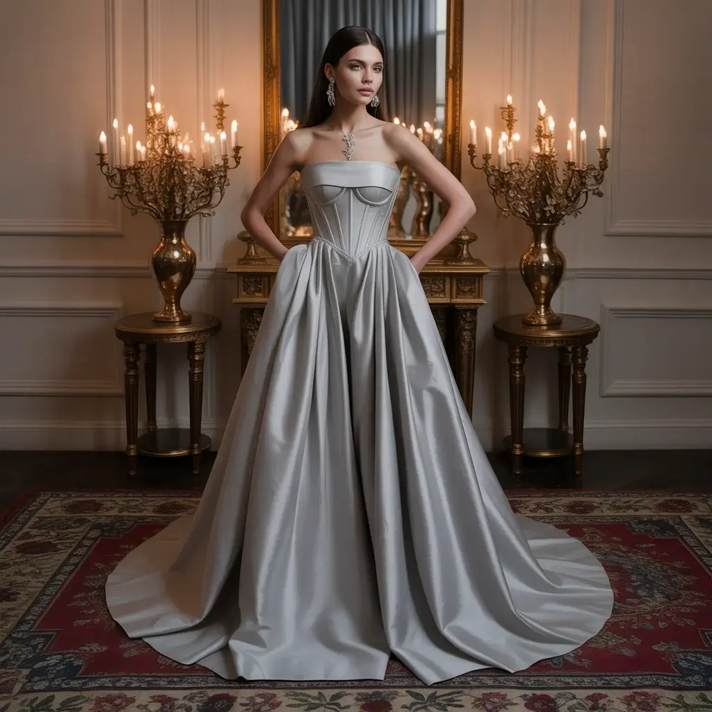 Structured bustier silver gown with architectural tailoring and flowing taffeta skirt