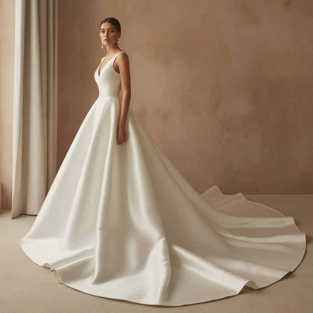 Top 13 Crepe Material Wedding Dresses Trending on Pinterest 2 Stunning A-line crepe wedding gown with dramatic cathedral train flowing behind bride