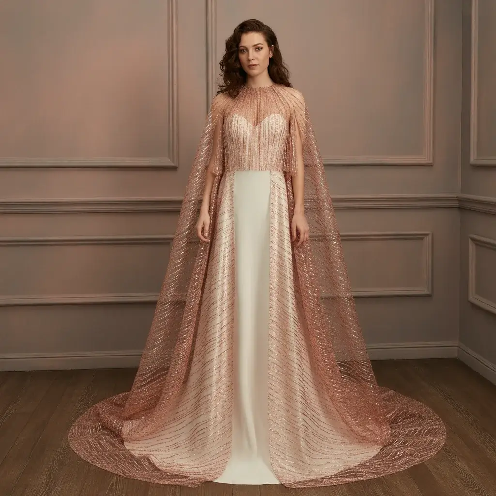 Top 15 Rose Gold Dresses That Are Trending on Pinterest 5 Stunning cape gown in rose gold with flowing dramatic cape detail and fitted bodice