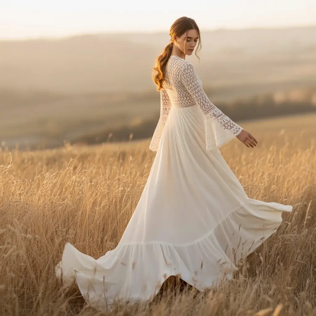Stunning long sleeve lace boho dress with flowing train and traditional bridal grandeur