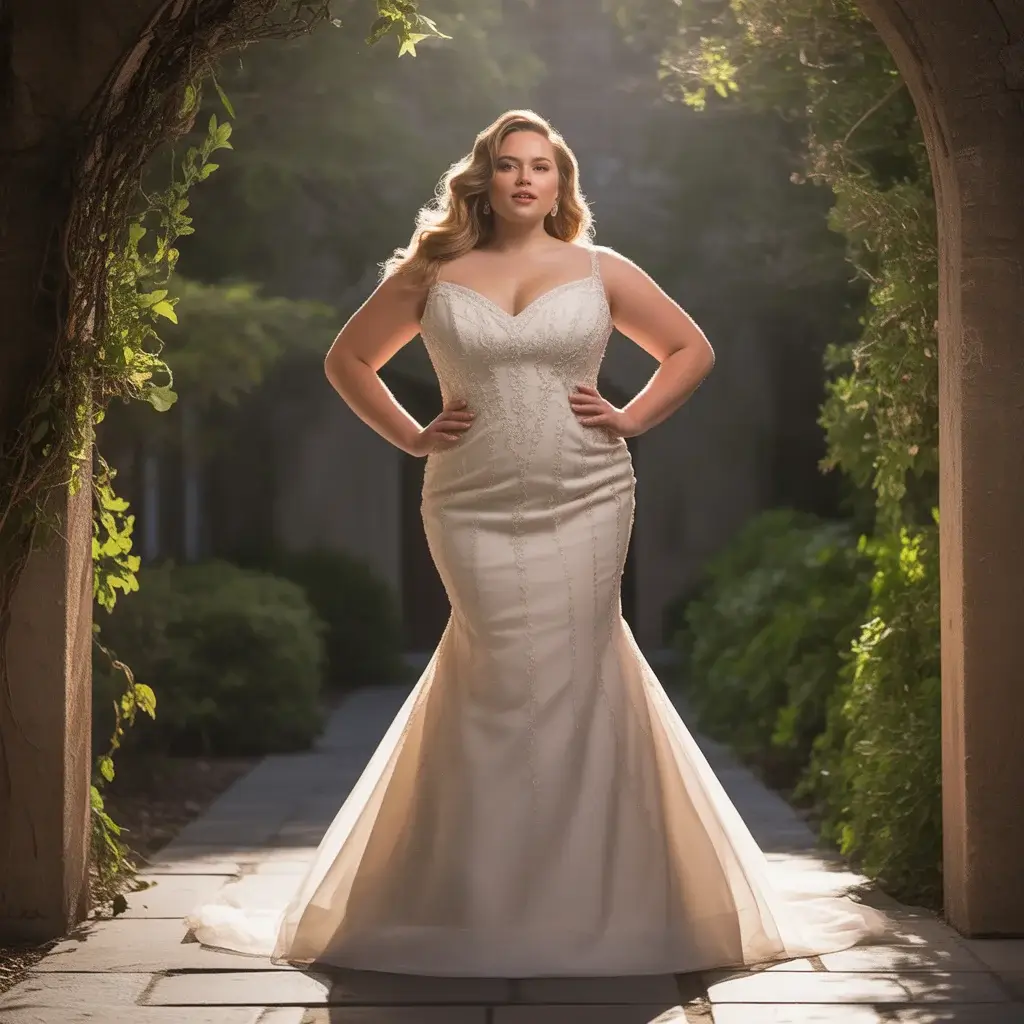 Stunning mermaid plus size wedding dress showcasing curves with dramatic flare