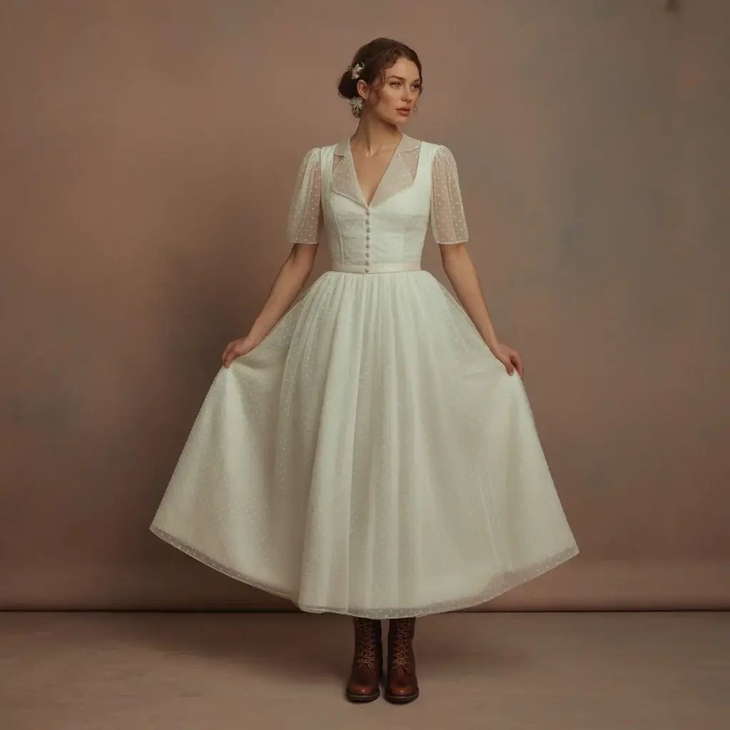 Tea-length dotted Swiss wedding dress with vintage styling and two-tone leather boots