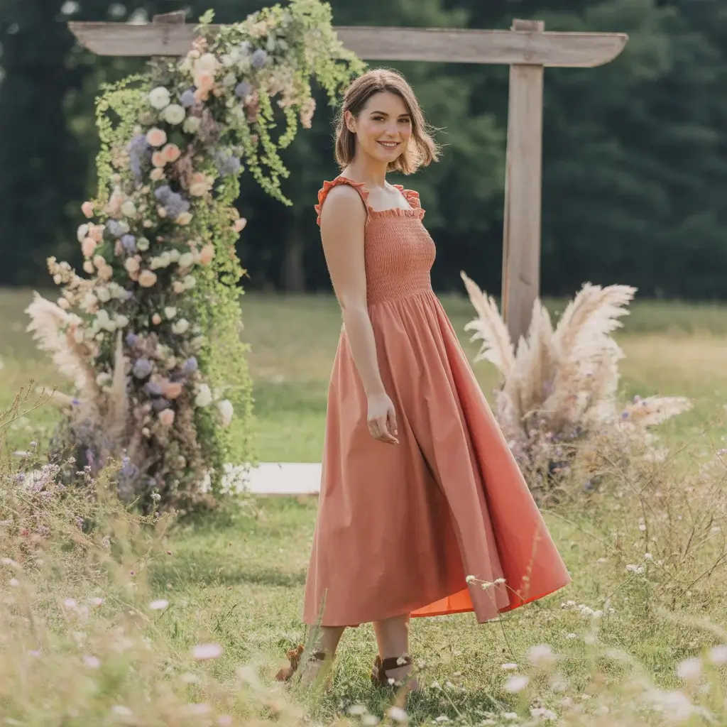 Terracotta Midi Dress with Smocked Bodice
