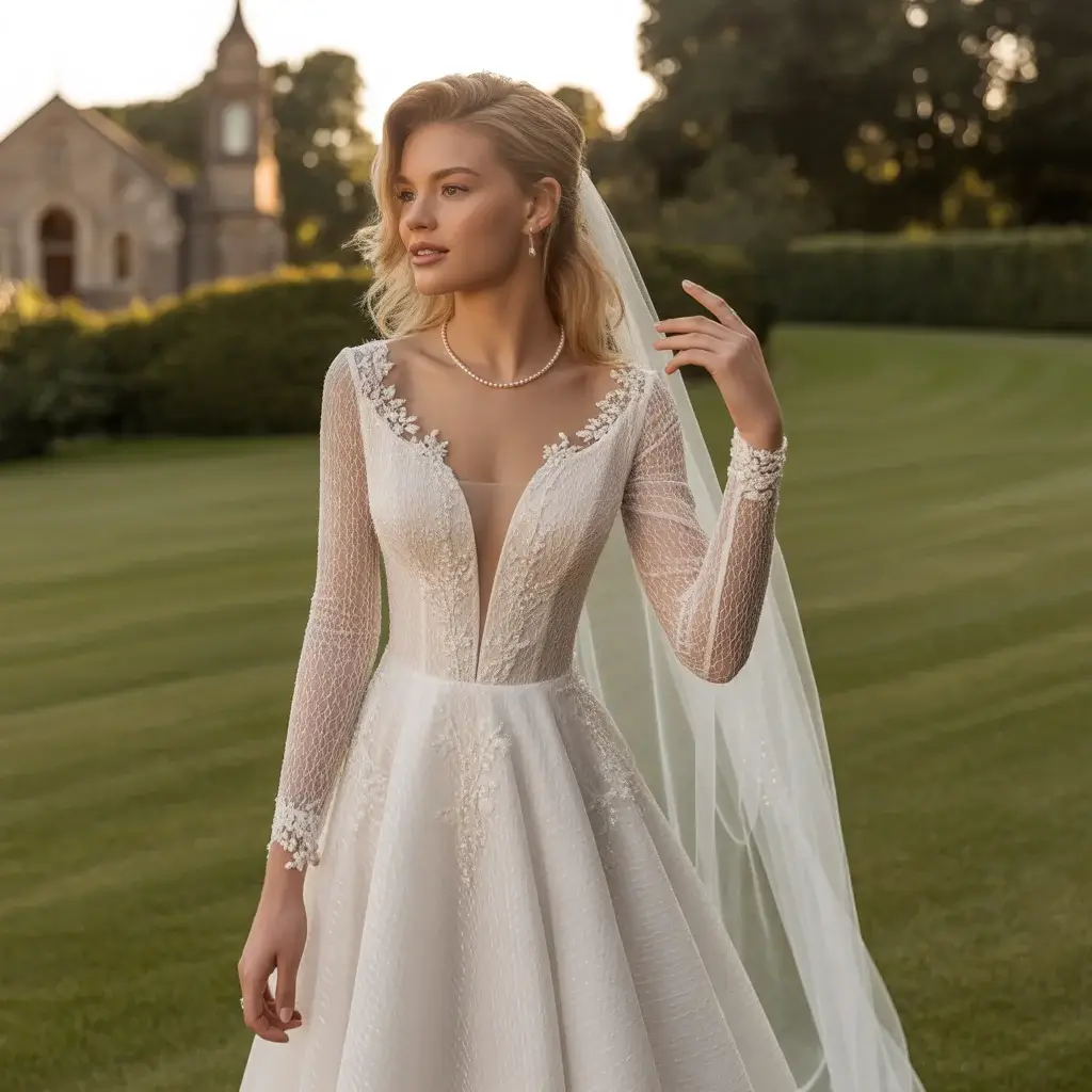 15 Long Sleeve V Neck Wedding Dresses Brides Are Pinning 15 Textured Long Sleeve V Neck Fit-and-Flare Dress