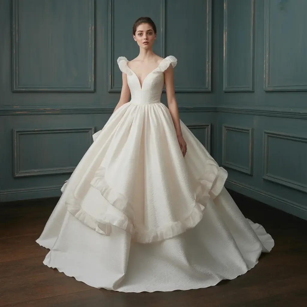 Textured Organza Ballgown with Ruffled Details