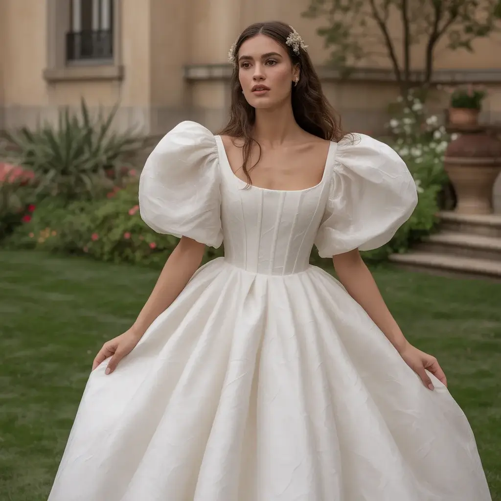 17 Wedding Dresses with Poofy Sleeves Brides Love 18 Textured Organza Puff Sleeve Fairy Tale Gown