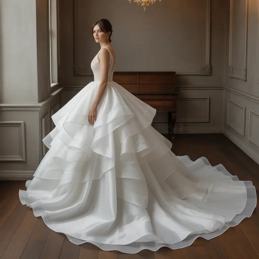 15 Organza Wedding Dresses Trending on Pinterest 6 Tiered Organza Ballgown with Cathedral Train