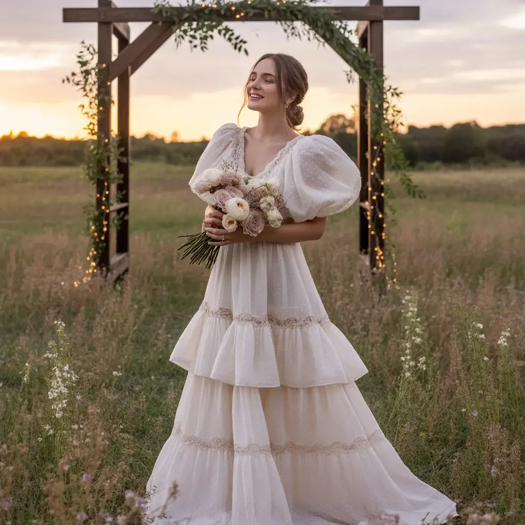 17 Wedding Dresses with Poofy Sleeves Brides Love 13 Tiered Puff Sleeve Boho Gown wedding dress