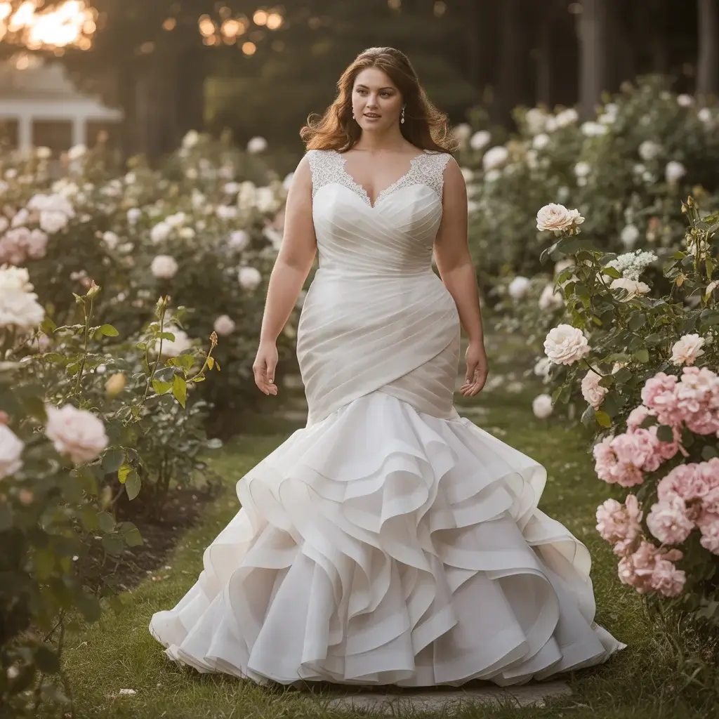 Top 13 Plus Size Wedding Dresses to Hide Stomach That Brides Are Pinning Right Now 8 Tiered Ruffle Mermaid with Illusion Neckline