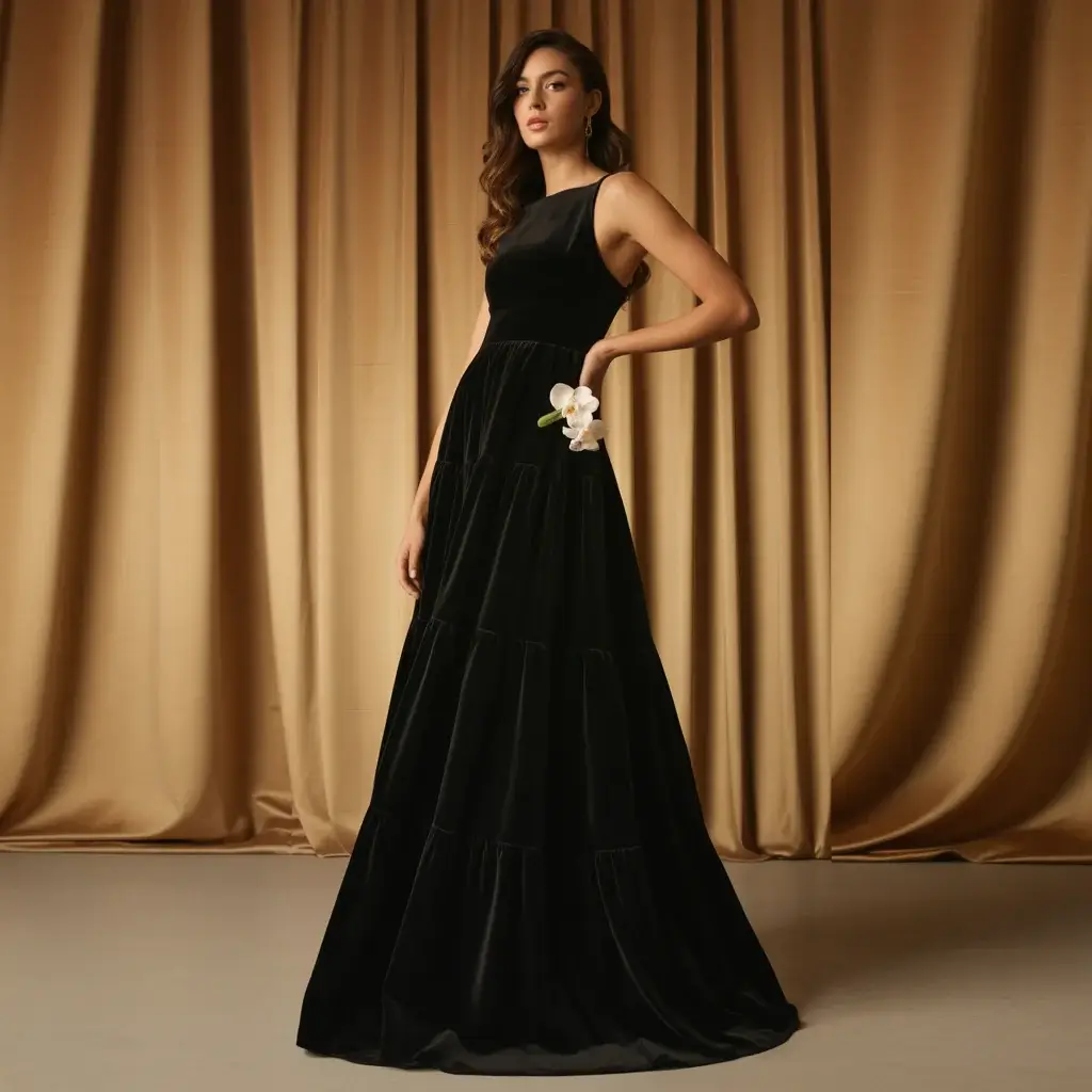 Tiered black velvet maxi dress with layered textural movement