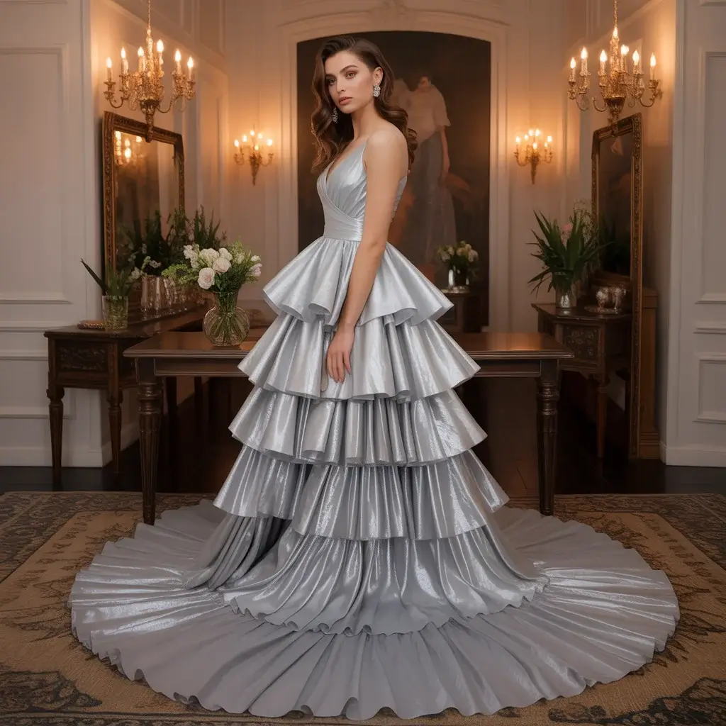 Tiered ruffle silver gown with lightweight metallic chiffon and layered construction
