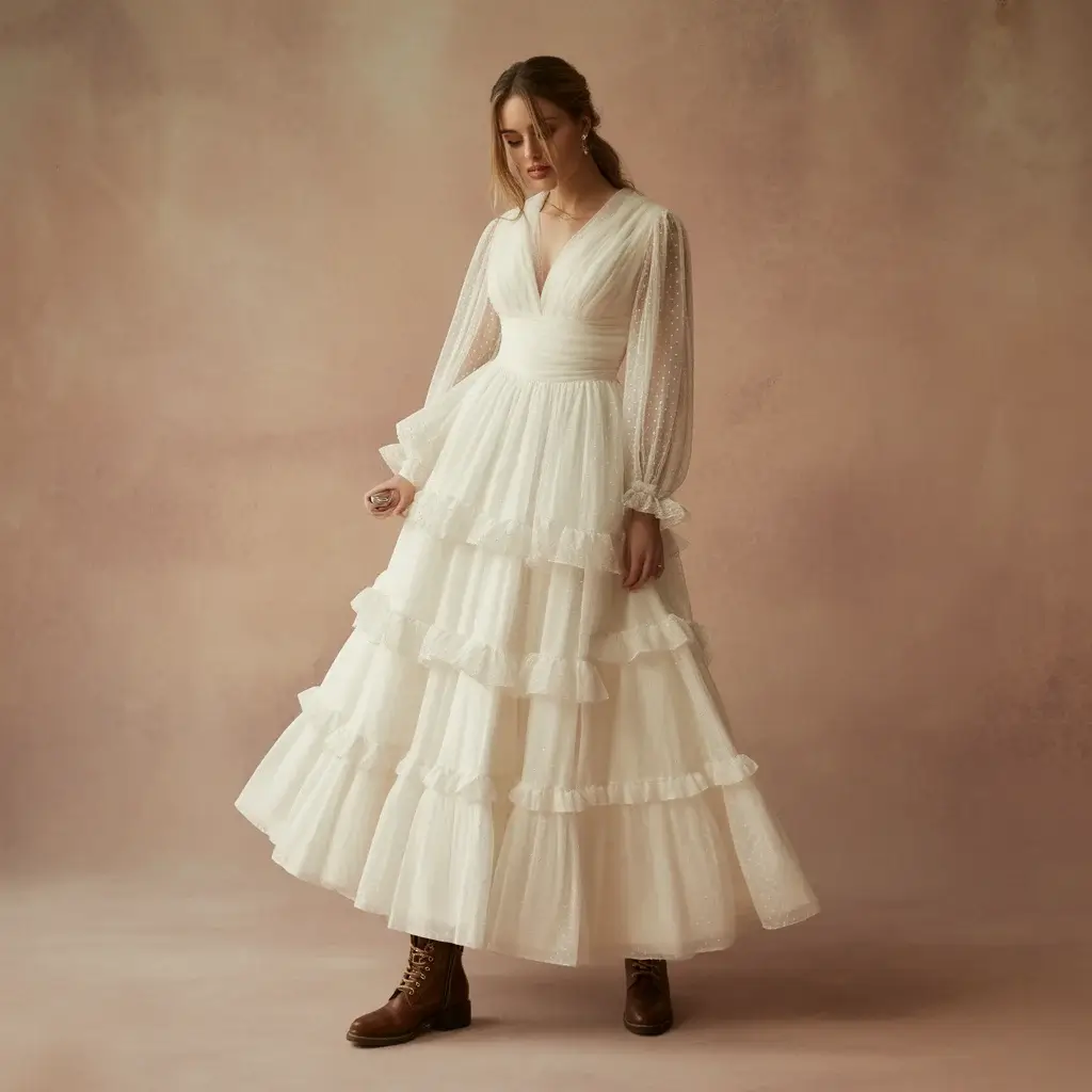 Tiered ruffle wedding dress with soft layers paired with vintage brown leather boots