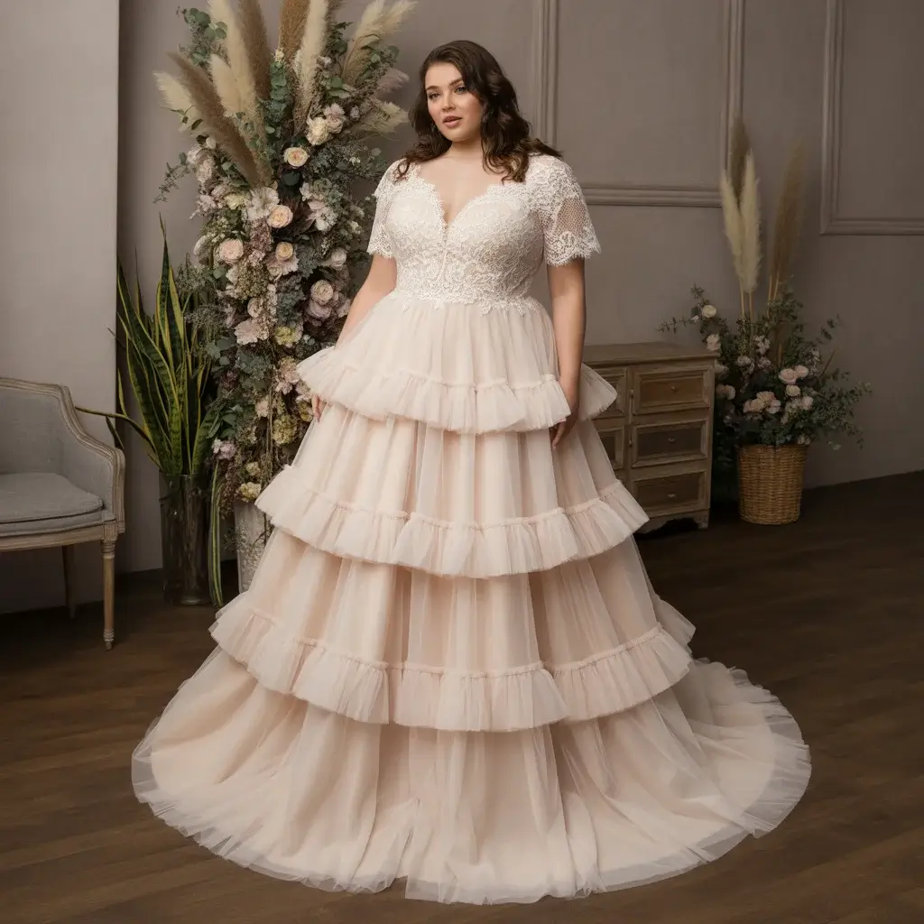 Tiered tulle skirt plus size wedding dress with romantic lace bodice detailing