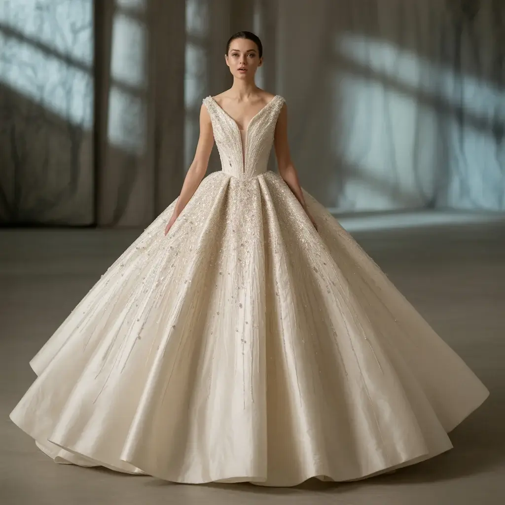 Timeless ivory ballgown with strategic crystal accents and voluminous princess skirt