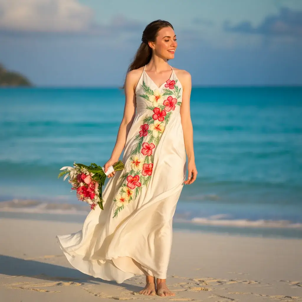 Tropical Hibiscus Embroidered Beach