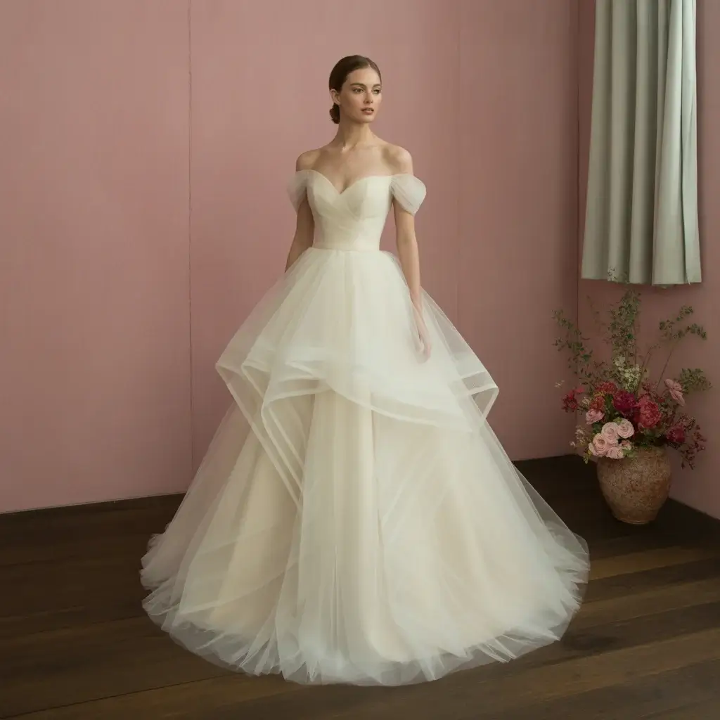 Tulle Cat Eye Princess Wedding Gown With Layered Skirt And Architectural Neckline