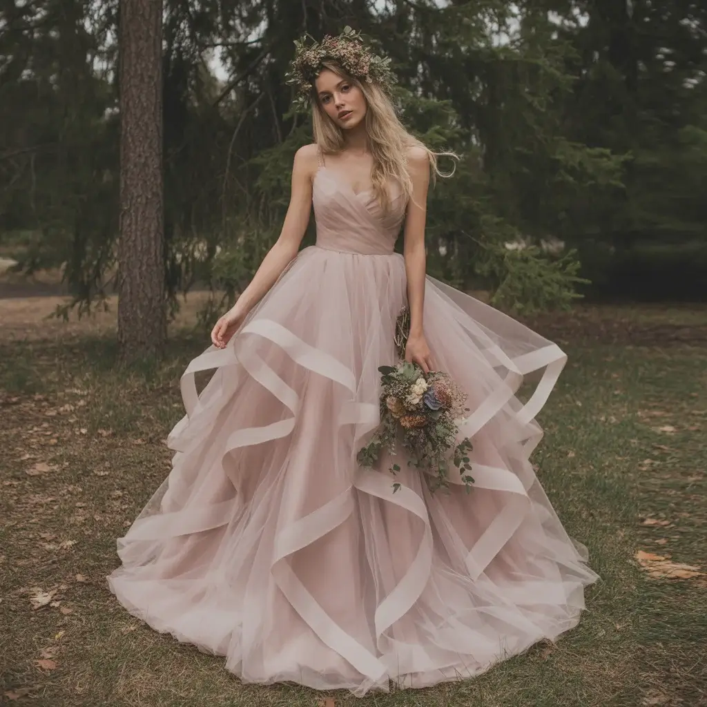 Tulle Woodland Princess Ball Gown With Layered Skirt And Enchanted Forest Details