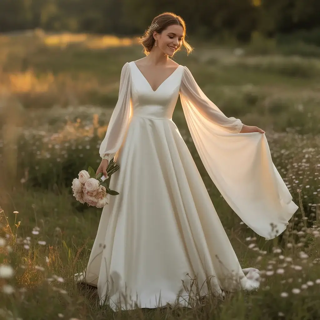 V-Neck A-Line with Flowing Chiffon Sleeves Detail