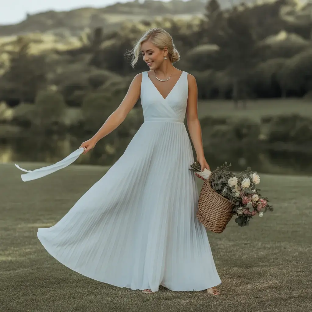 Top 13 White Engagement Party Dresses Brides Are Saving Right Now 5 V-Neck Pleated Maxi Dress